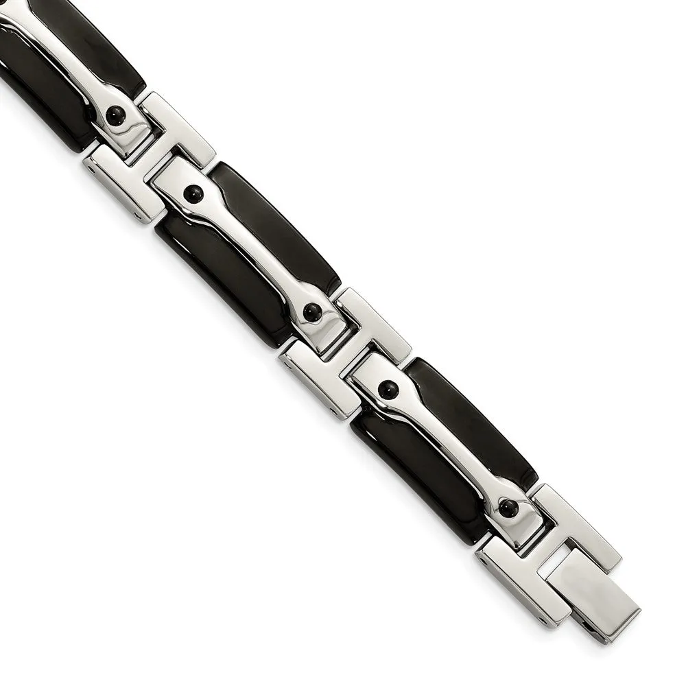 Mens 11mm Stainless Steel Polished & Black Plated Link Bracelet, 9 In