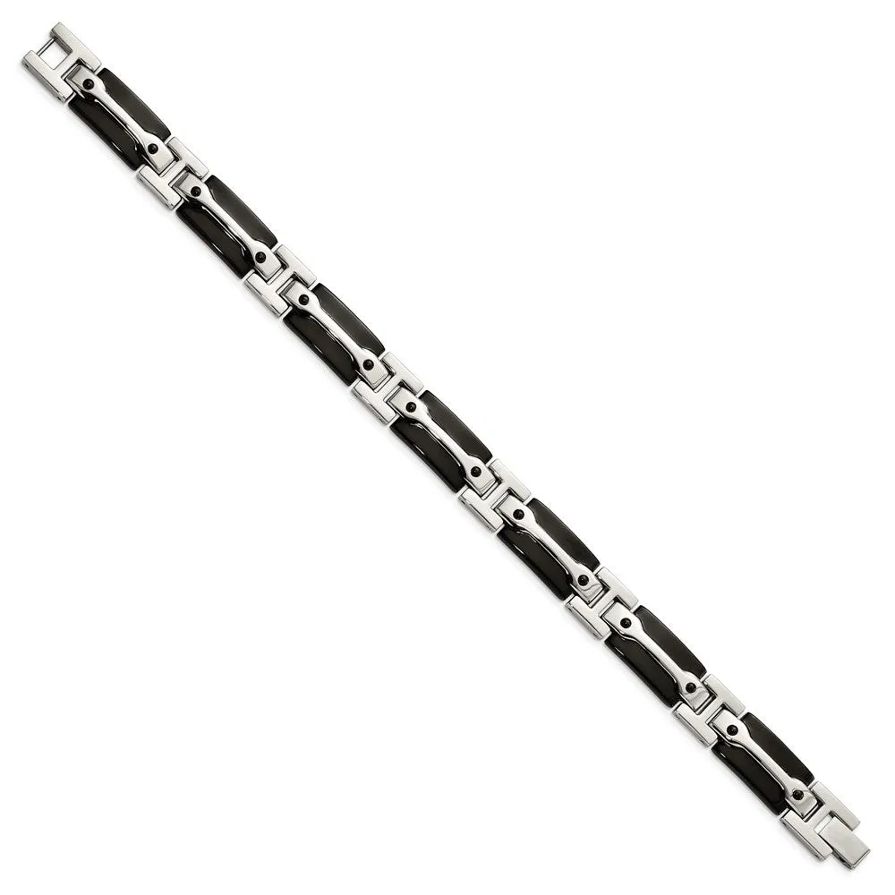 Mens 11mm Stainless Steel Polished & Black Plated Link Bracelet, 9 In