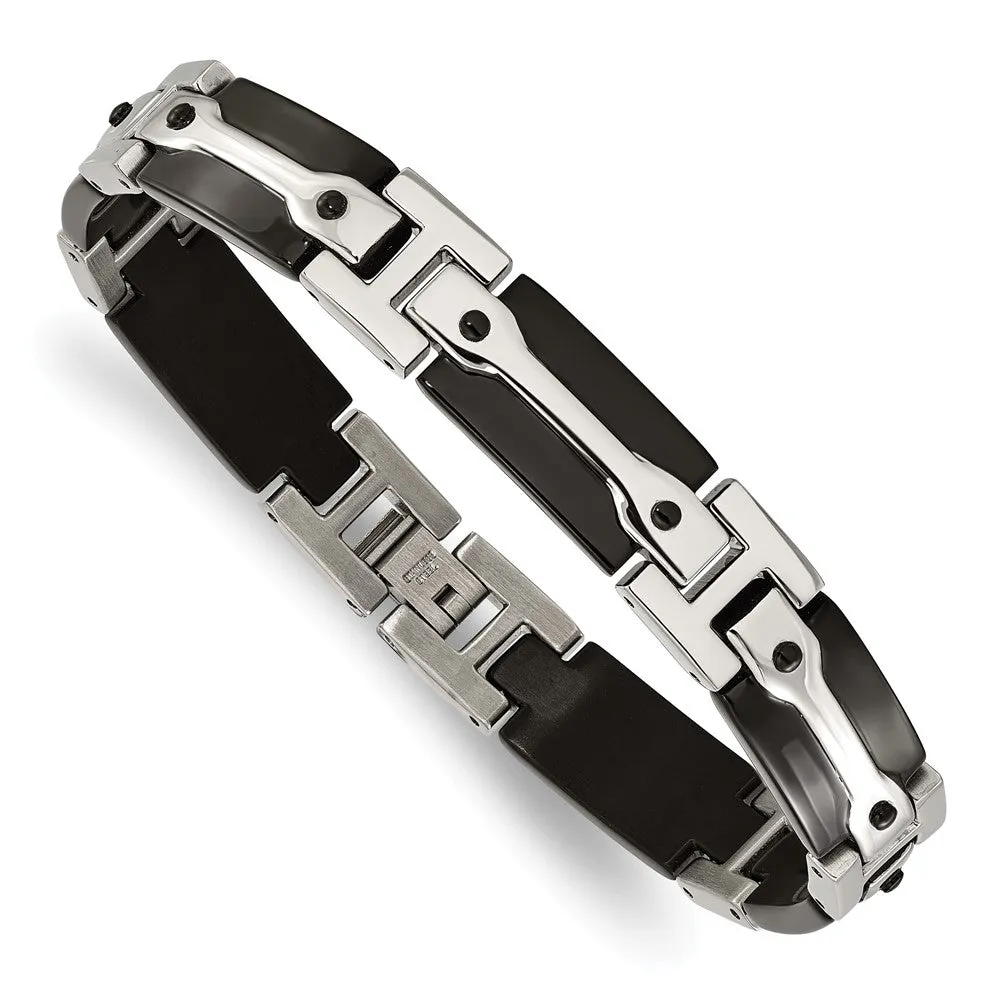 Mens 11mm Stainless Steel Polished & Black Plated Link Bracelet, 9 In