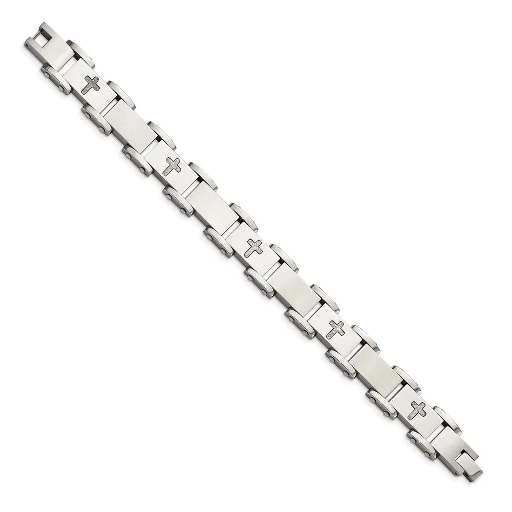 Men's 12mm Stainless Steel Laser Cut Cross Link Bracelet, 8.75 Inch