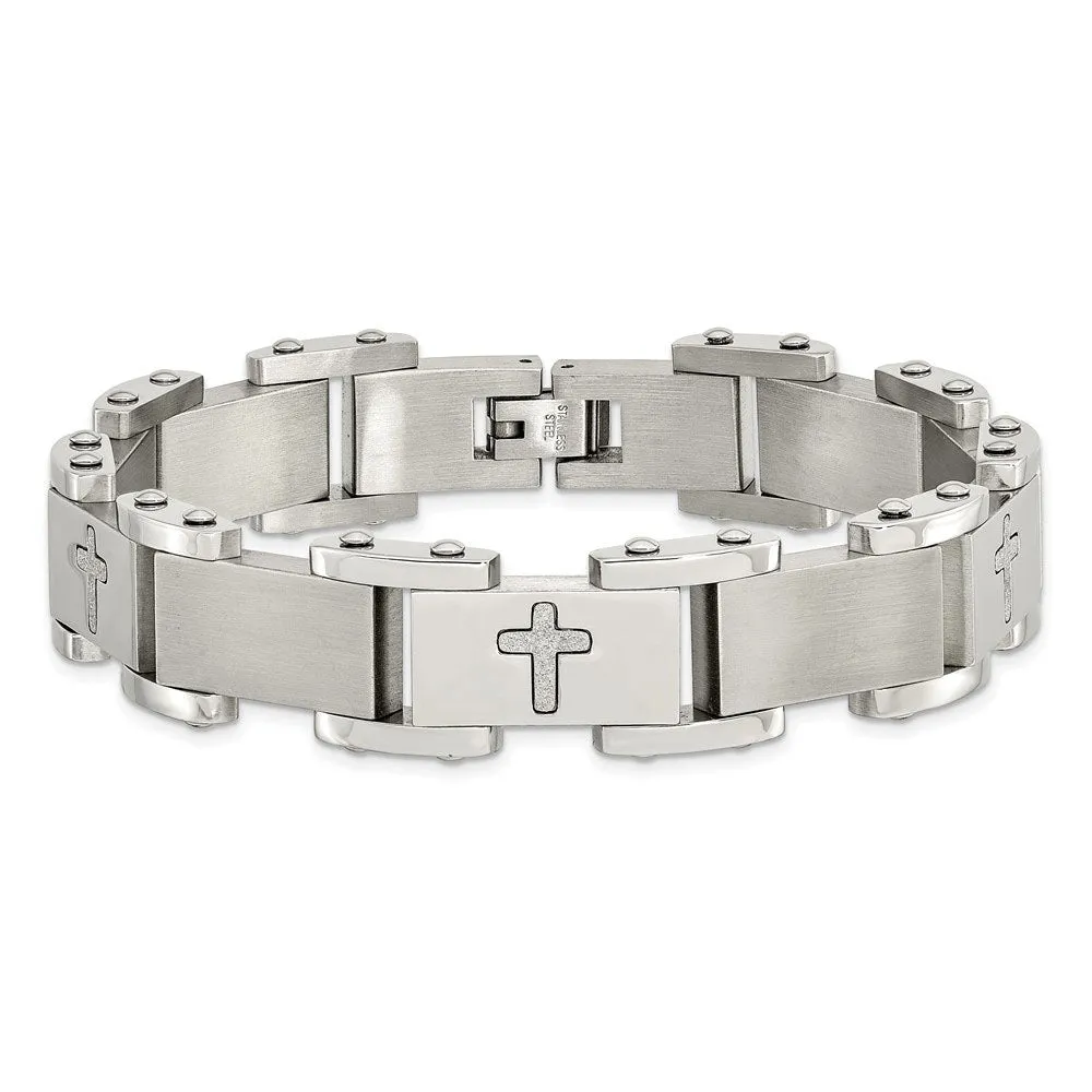 Men's 12mm Stainless Steel Laser Cut Cross Link Bracelet, 8.75 Inch