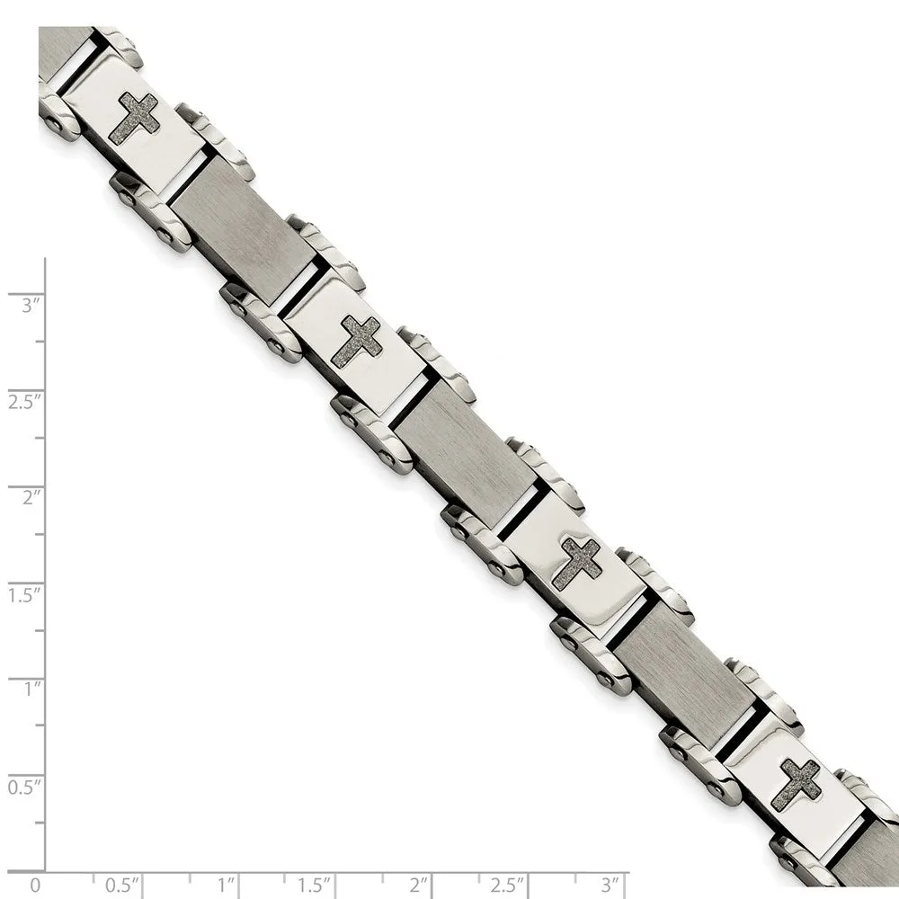 Men's 12mm Stainless Steel Laser Cut Cross Link Bracelet, 8.75 Inch