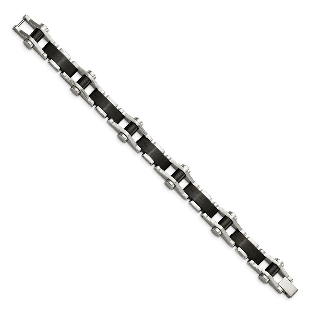 Mens 14mm Stainless Steel Polished & Black Plated Link Bracelet, 8 In