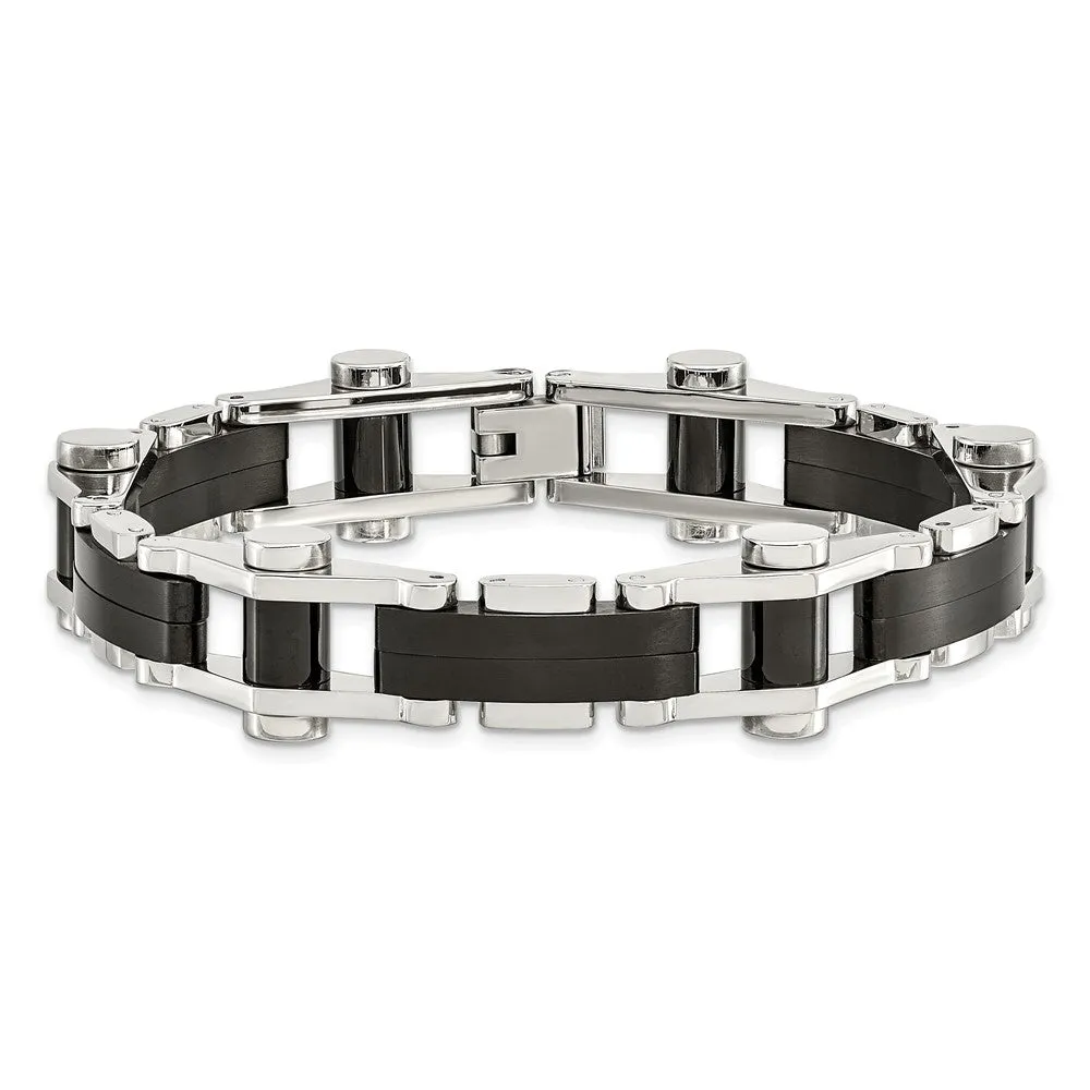 Mens 14mm Stainless Steel Polished & Black Plated Link Bracelet, 8 In