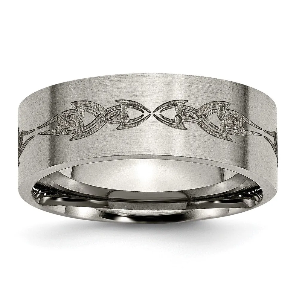 Men's 8mm Titanium Laser Cut Tribal Brushed Flat Standard Fit Band