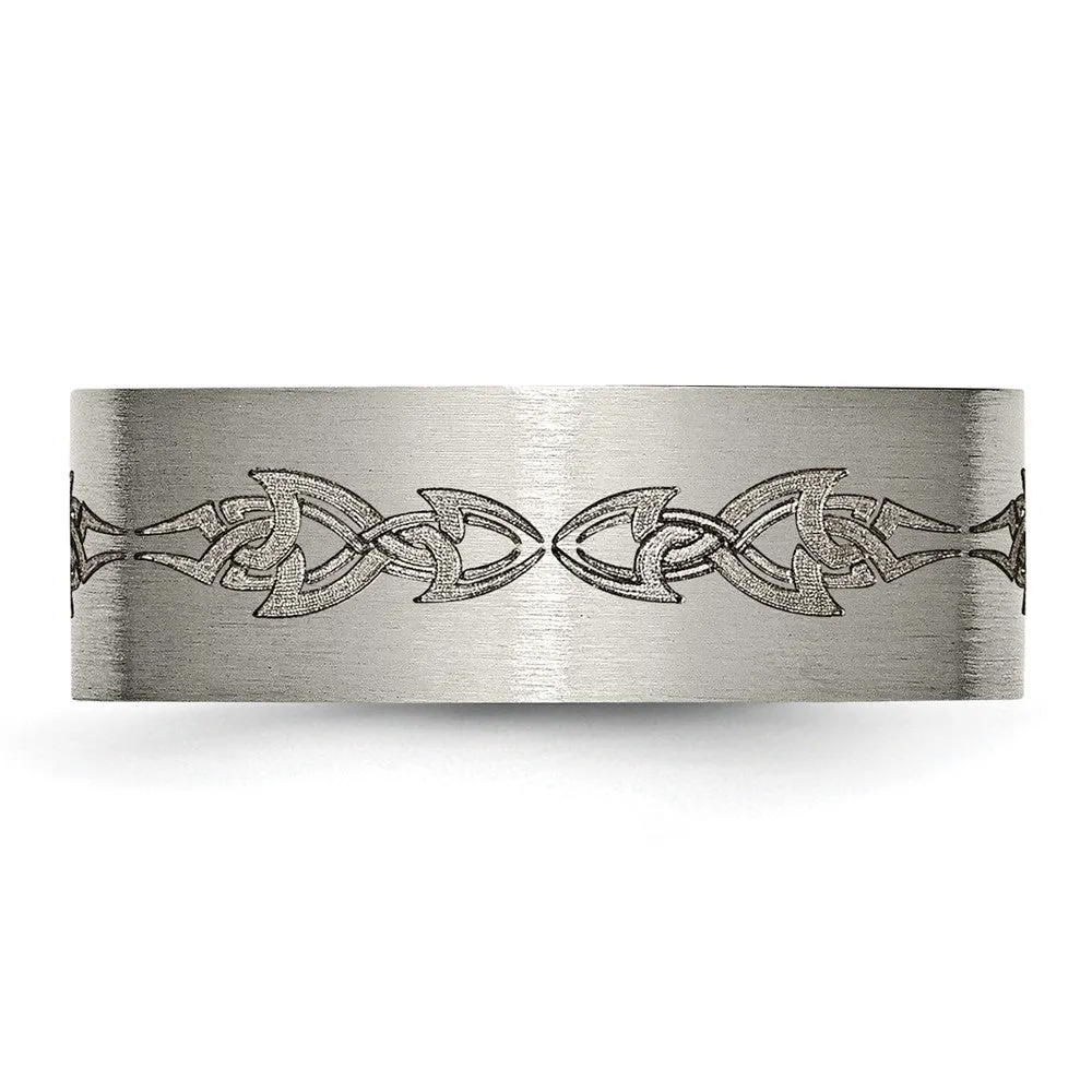 Men's 8mm Titanium Laser Cut Tribal Brushed Flat Standard Fit Band