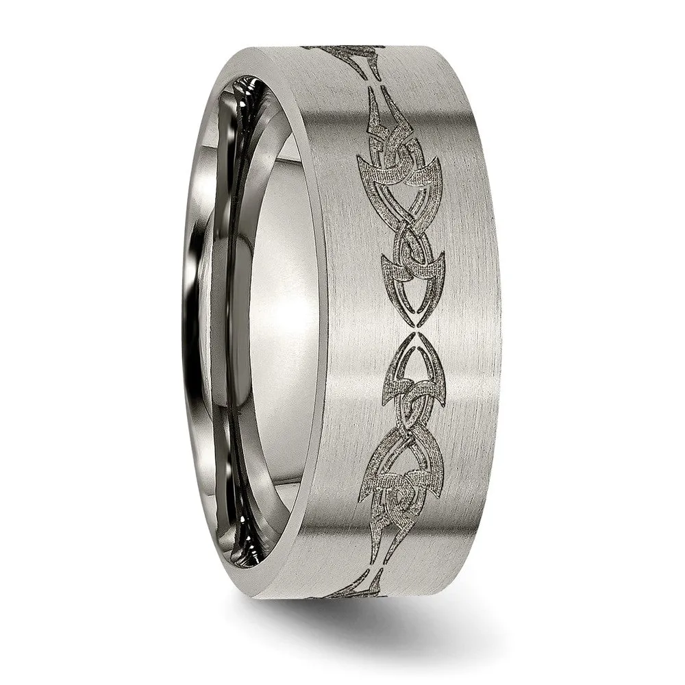 Men's 8mm Titanium Laser Cut Tribal Brushed Flat Standard Fit Band