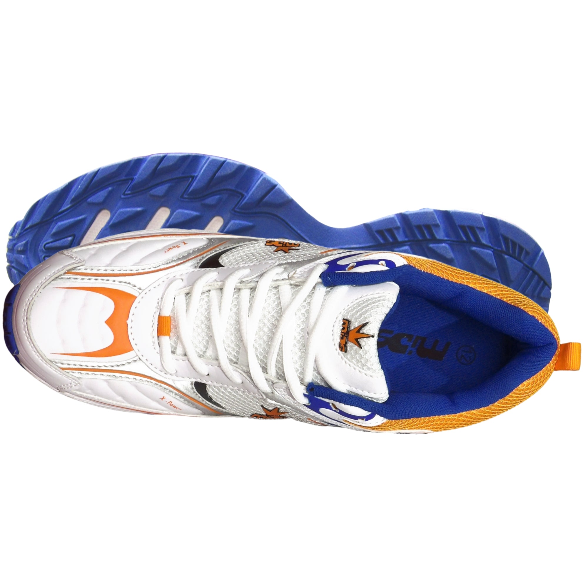 Mids Cricket Shoes, Model X Power - White/Orange/Royal Blue