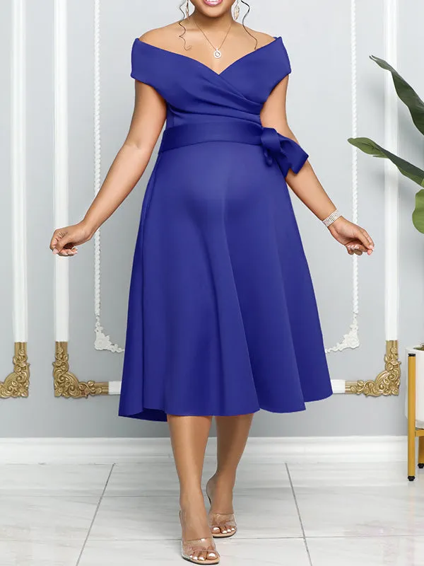 Momnfancy Off Shoulder Boat-Neck Belt Pockets Big Swing Babyshower Evening Maternity Midi Dress