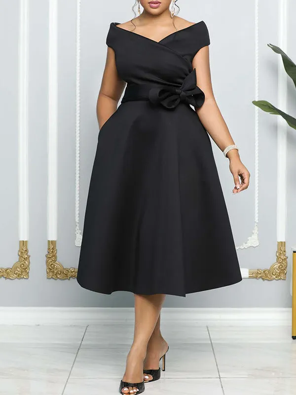 Momnfancy Off Shoulder Boat-Neck Belt Pockets Big Swing Babyshower Evening Maternity Midi Dress