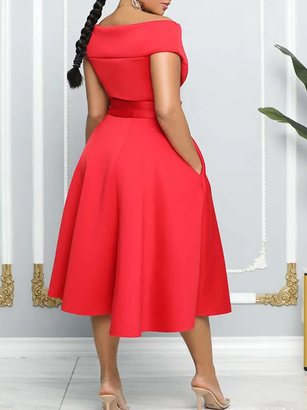 Momnfancy Off Shoulder Boat-Neck Belt Pockets Big Swing Babyshower Evening Maternity Midi Dress