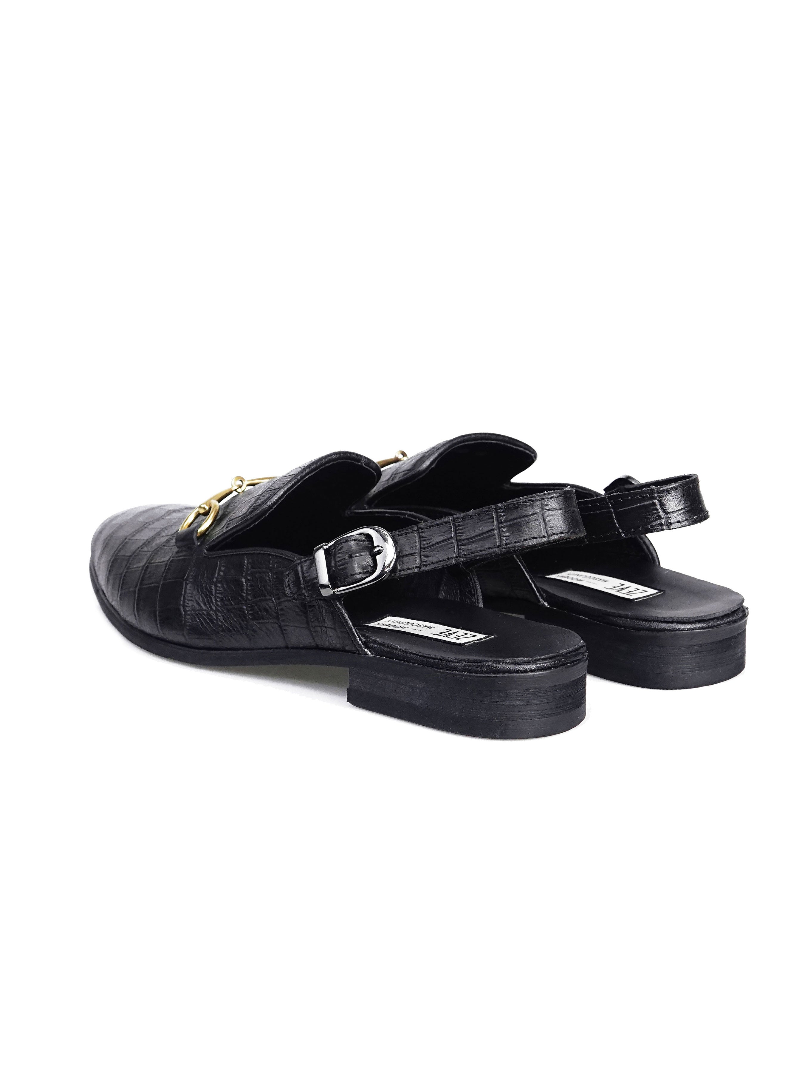 Mules Slingback Strap - Black Croco Leather Horsebit Buckle