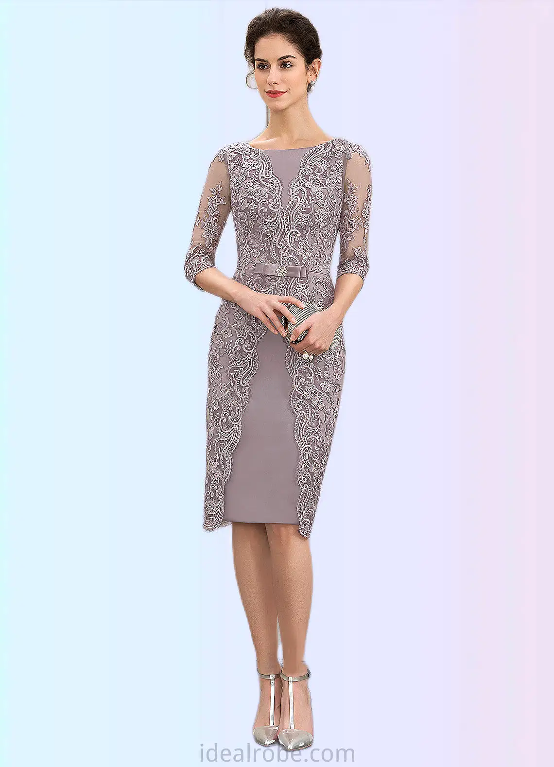 Nellie Sheath/Column Scoop Neck Knee-Length Satin Lace Mother of the Bride Dress With Beading Bow(s) STK126P0014727