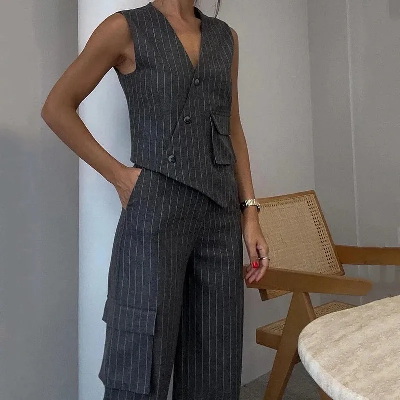 Office 2 Piece Set Women Elegant Sleeveless Striped Printed V Neck Irregular Single Breasted Vest Top Straight Pants Sets