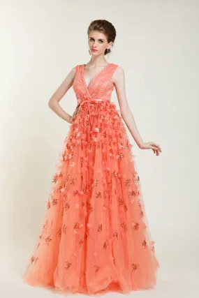 Orange V Neck Floral Fall Pageant Evening Prom Formal Dress