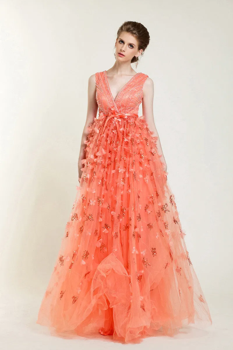 Orange V Neck Floral Fall Pageant Evening Prom Formal Dress