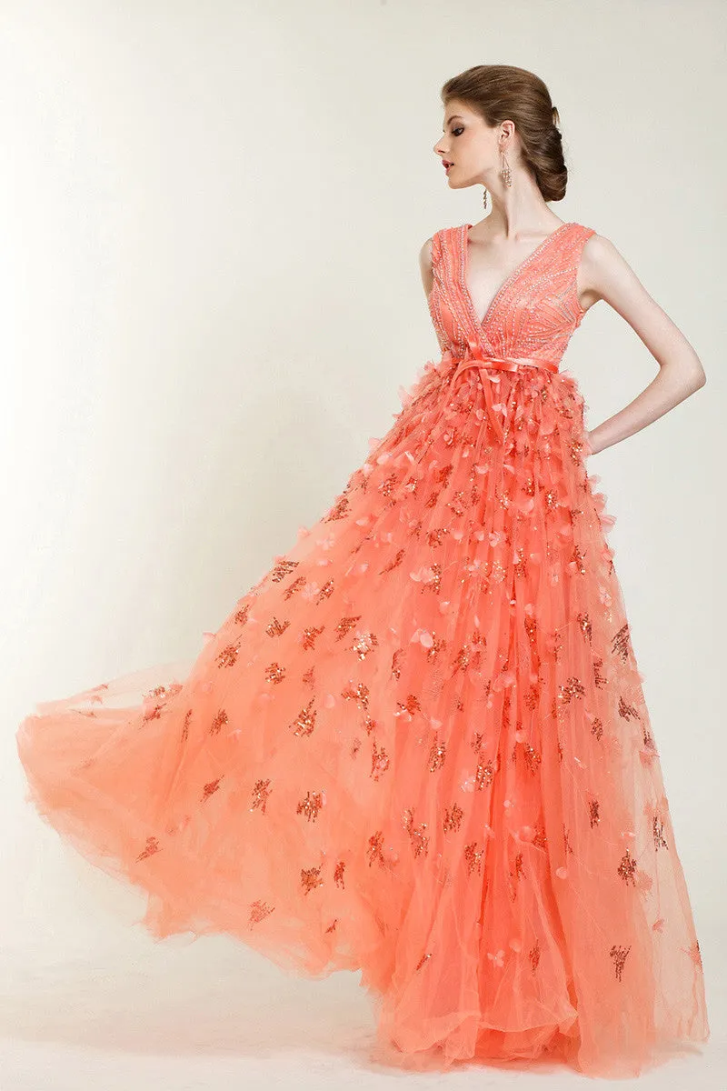 Orange V Neck Floral Fall Pageant Evening Prom Formal Dress