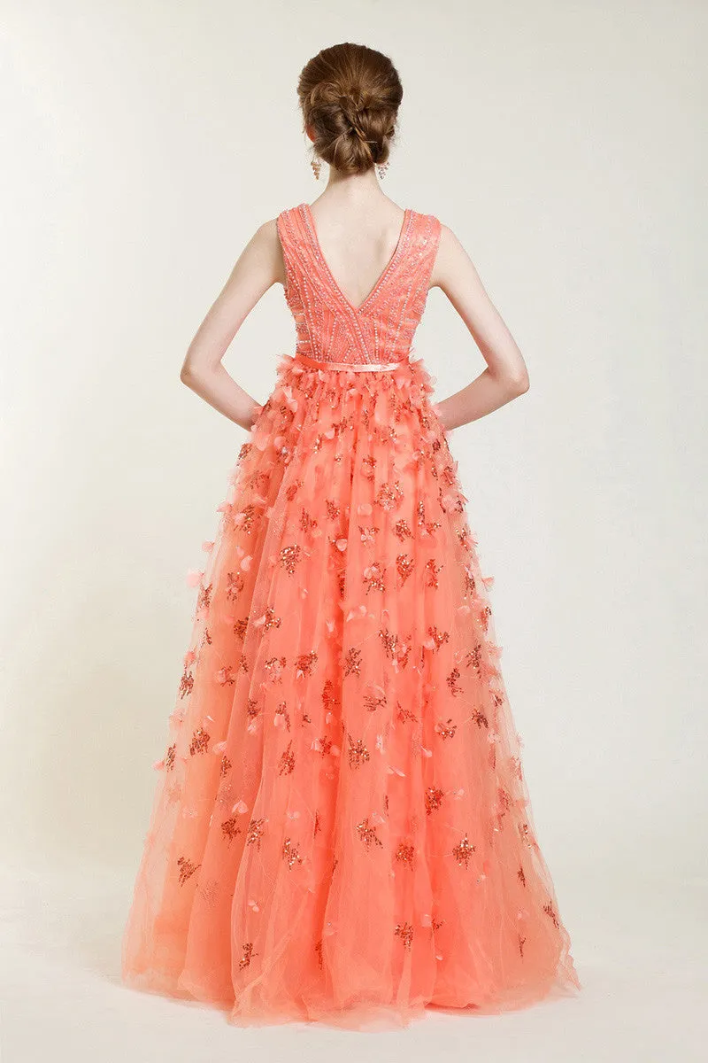 Orange V Neck Floral Fall Pageant Evening Prom Formal Dress