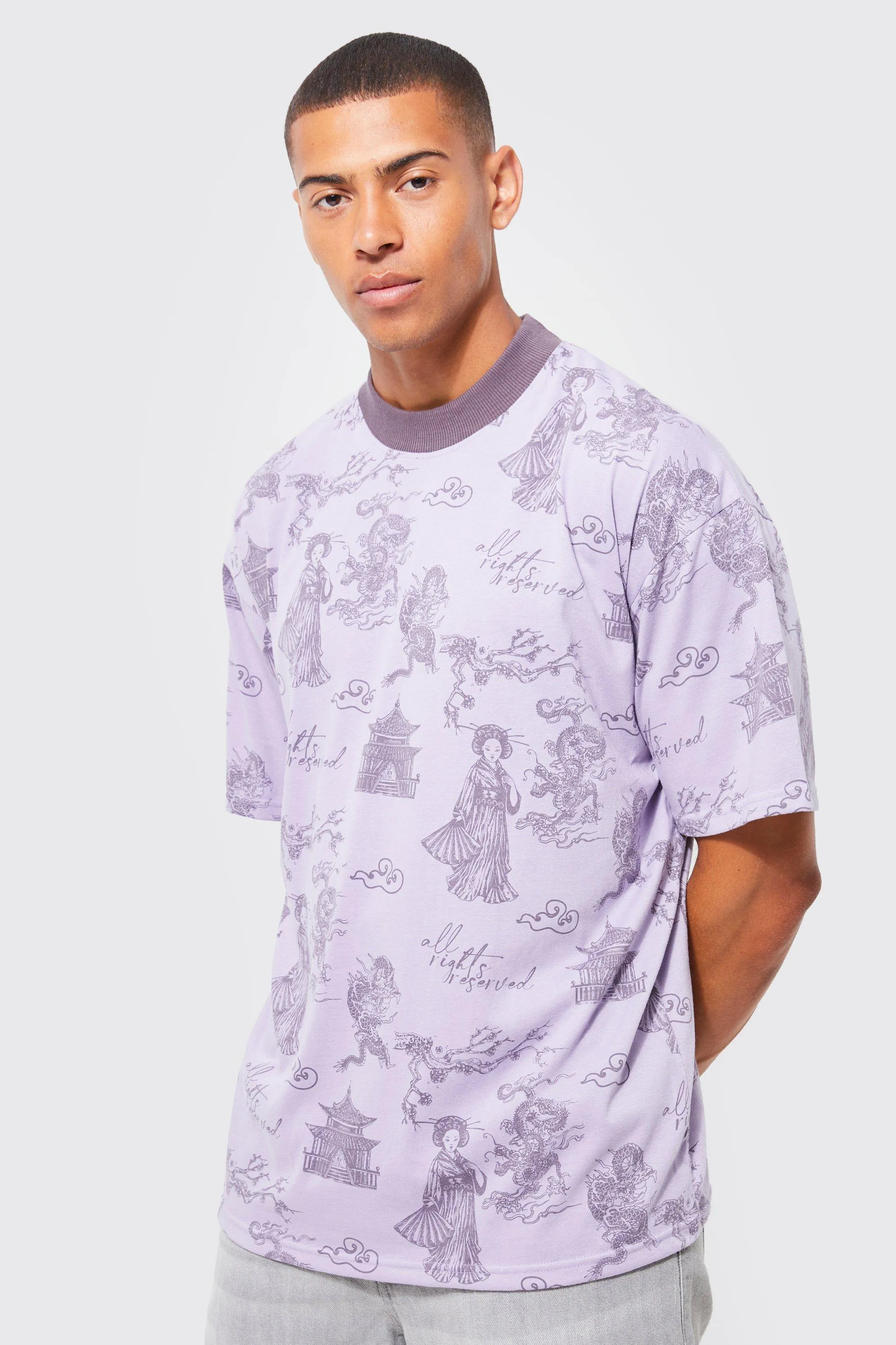 Oversized Contrast Neck Dragon Graphic T-shirt | boohooMAN UK