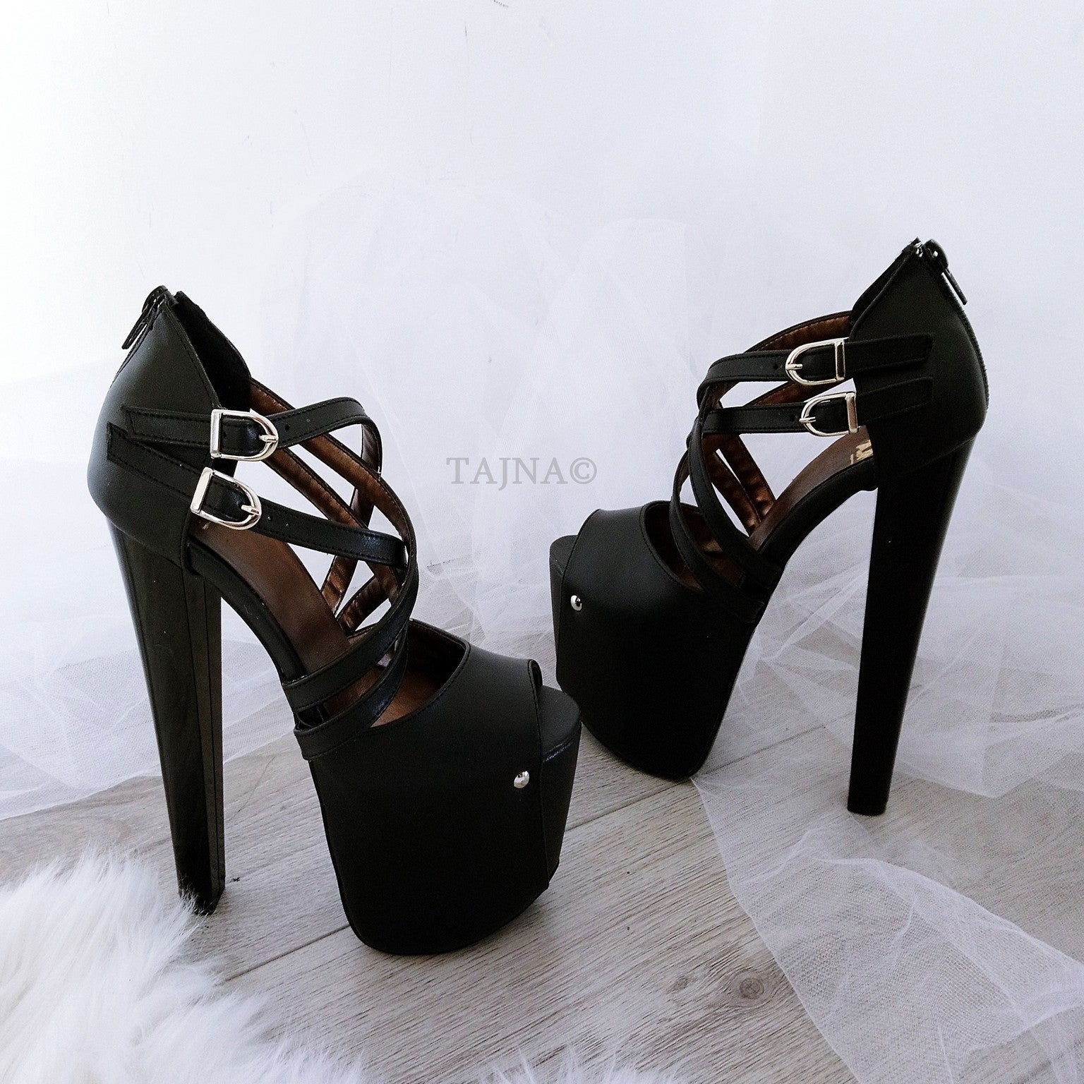 Peep Toe Cross Strap Black High Heel Platforms