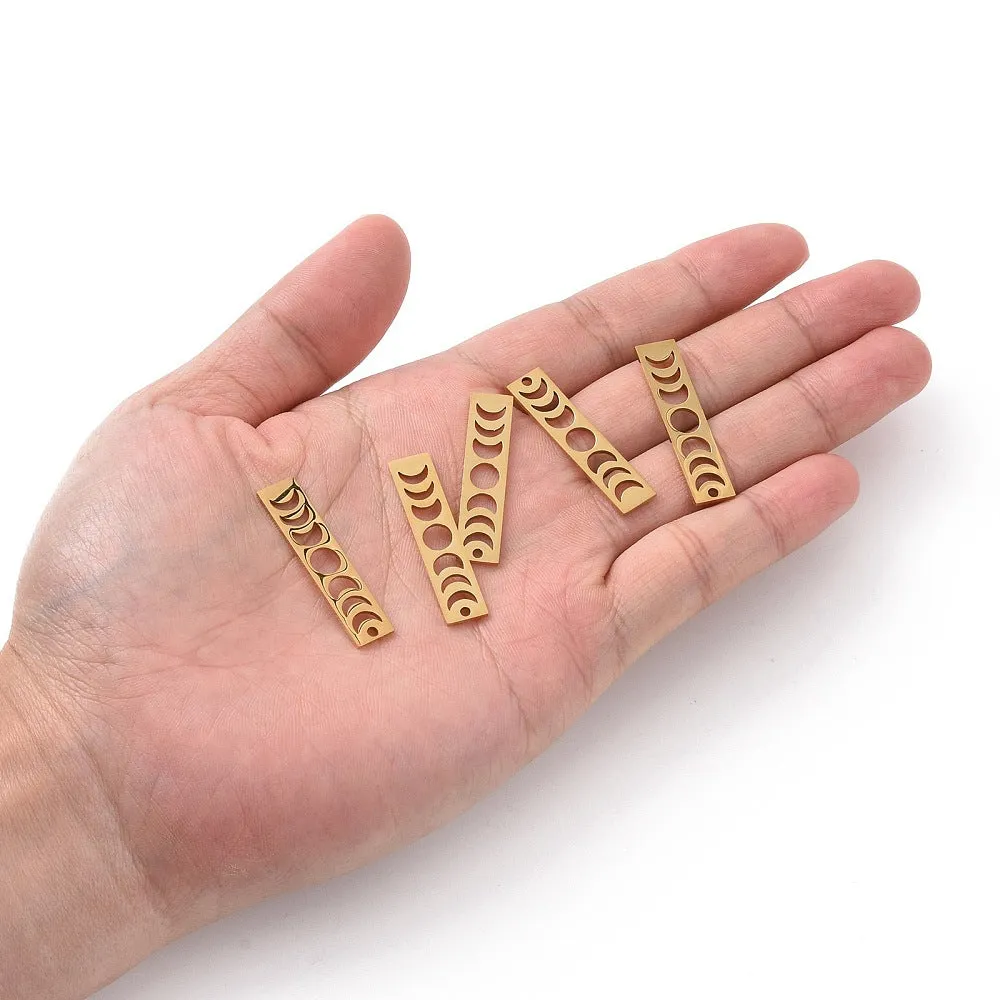 Pendants, 201 Stainless Steel, Laser-Cut, Rectangle Bar, Moon Phases, Golden, 35mm