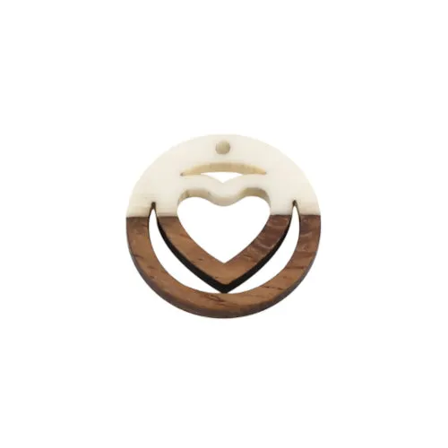 Pendants, Round, Laser-Cut, Heart, White, Wood And Resin, Focal, 25mm