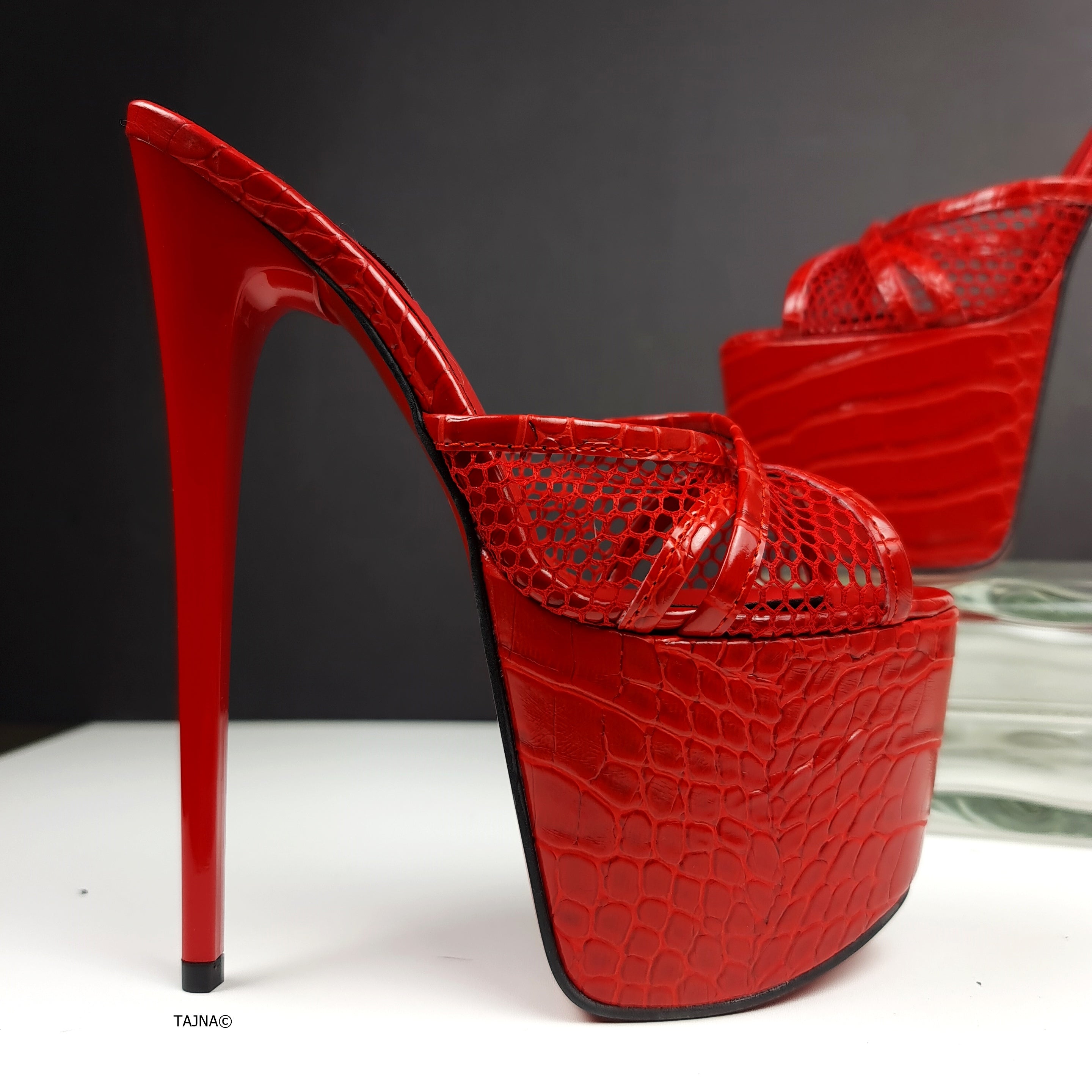 Red Croco Fishnet Strap High Heel Mules