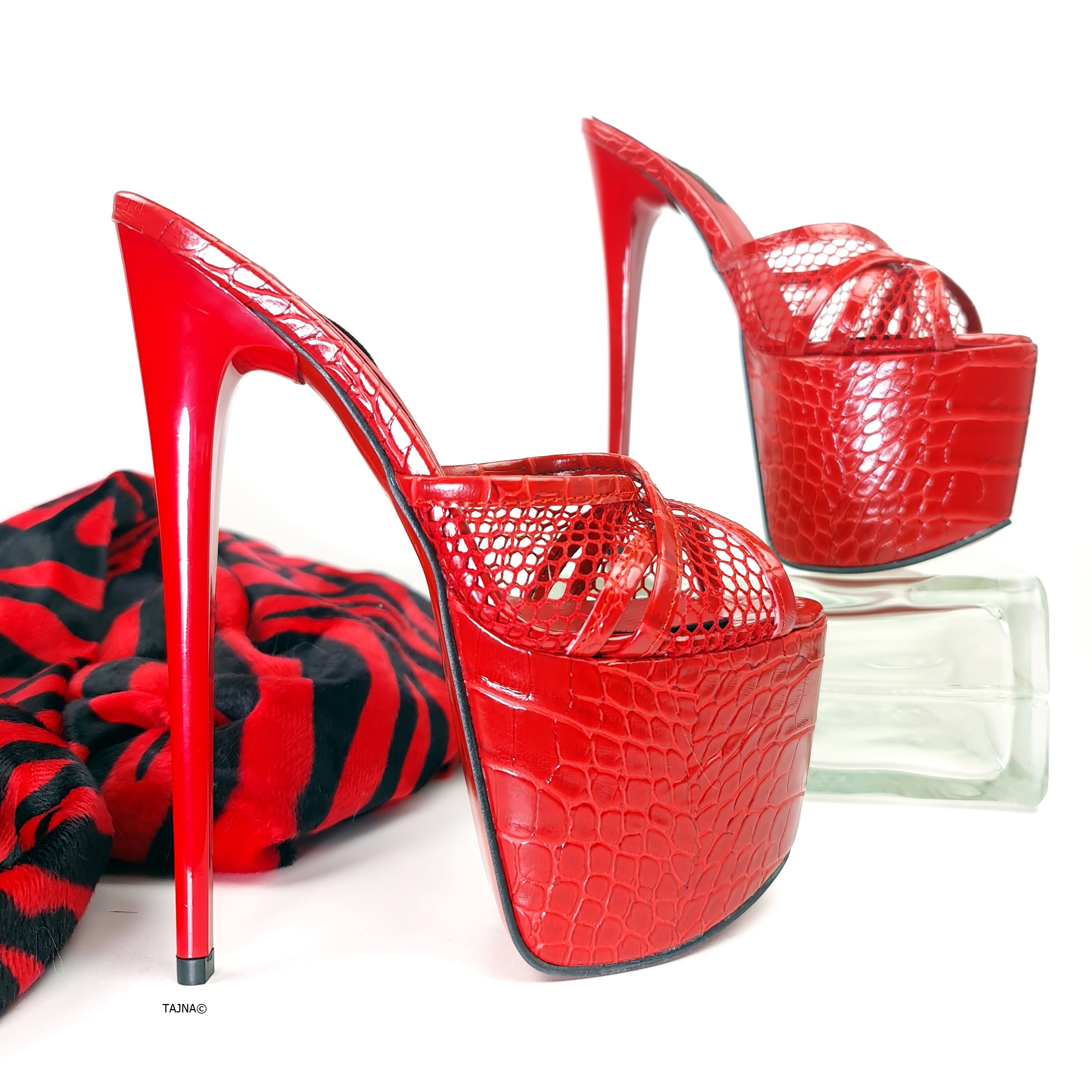 Red Croco Fishnet Strap High Heel Mules