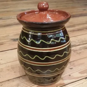 Redware Canister in Black with Green and Red Lines