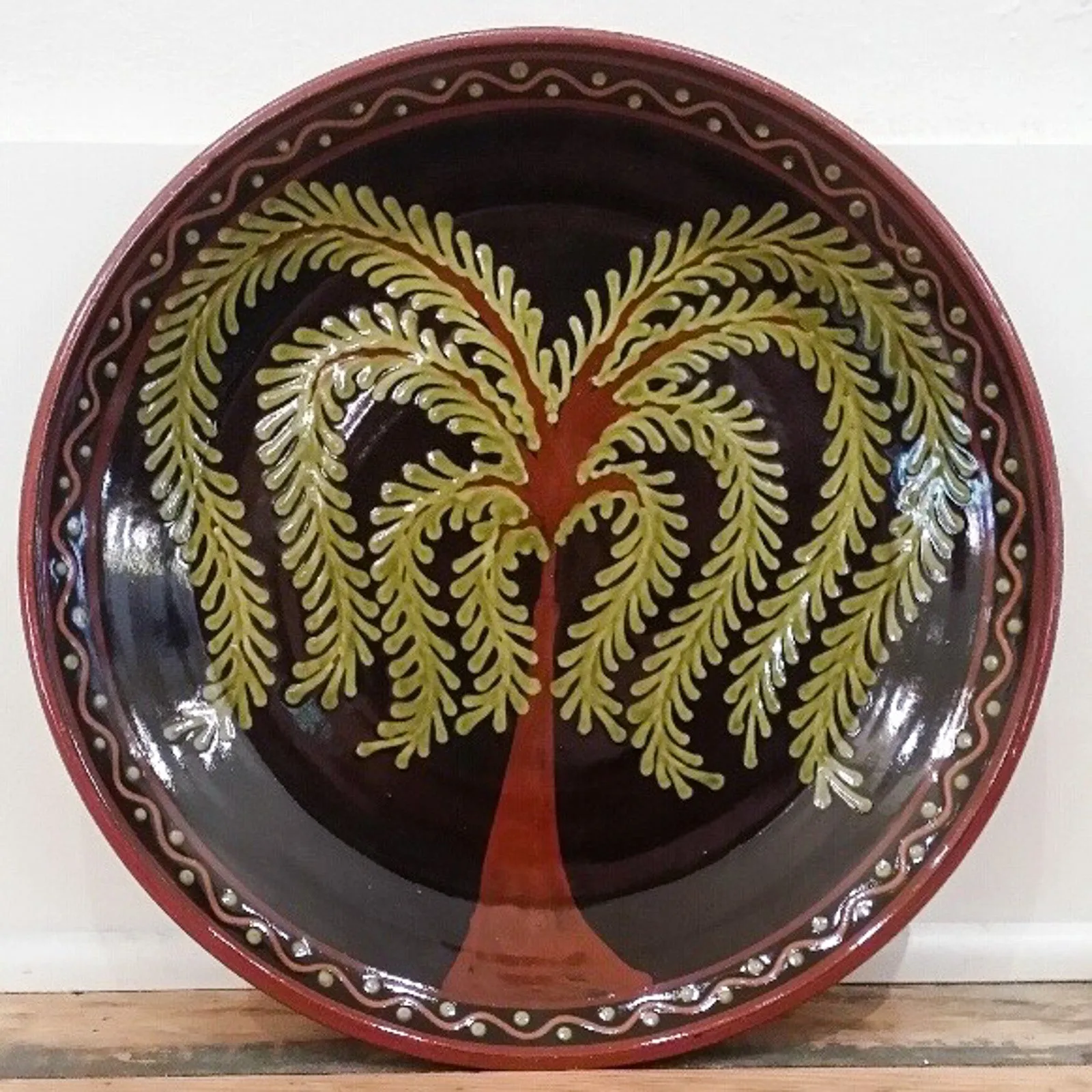 Redware Dinner Plate in Black with Tree of Life