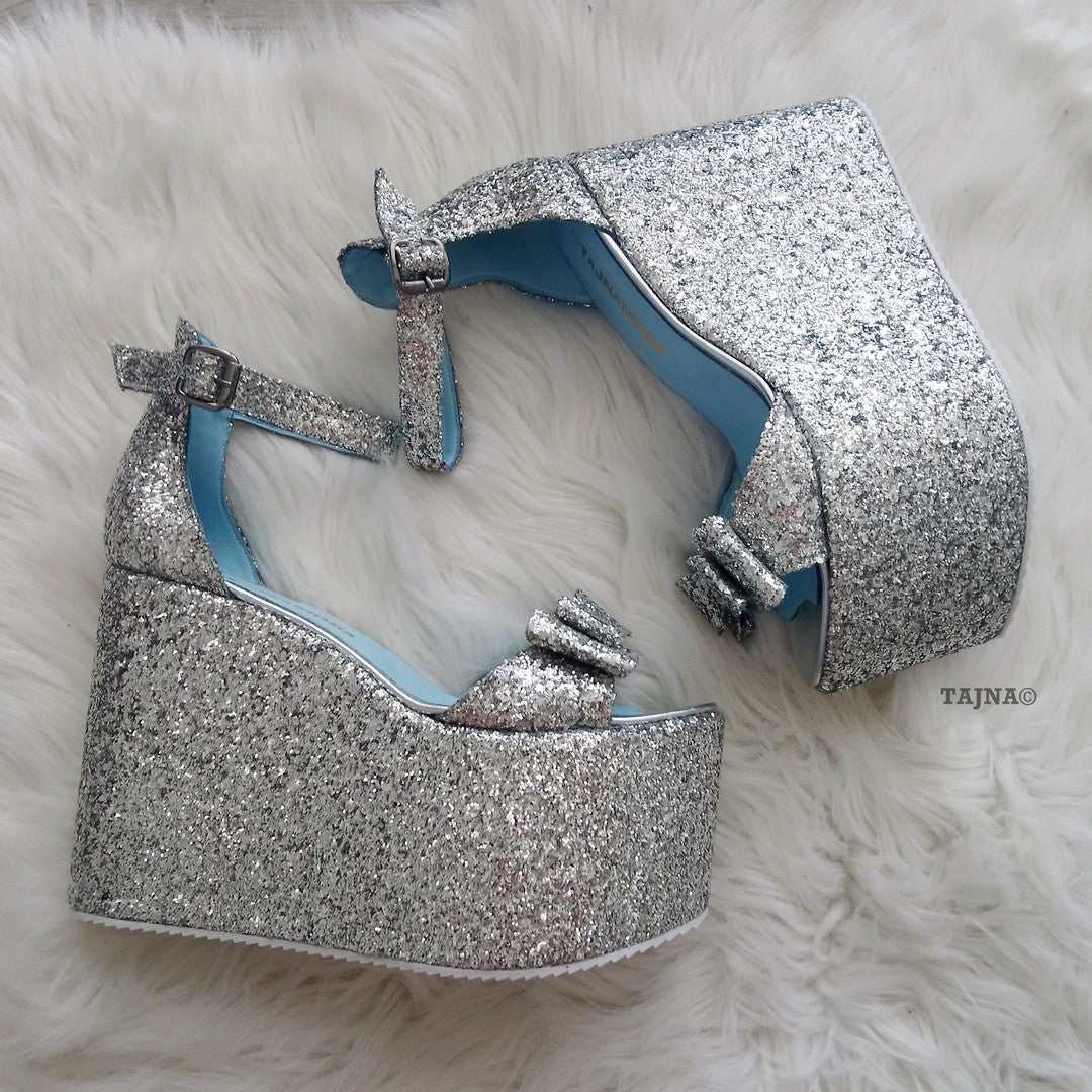 Ribbon Strap Silver High Heel Wedges