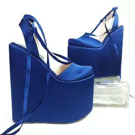 Royal Blue Satin Wedge Ballerina  Lace Up Sandals