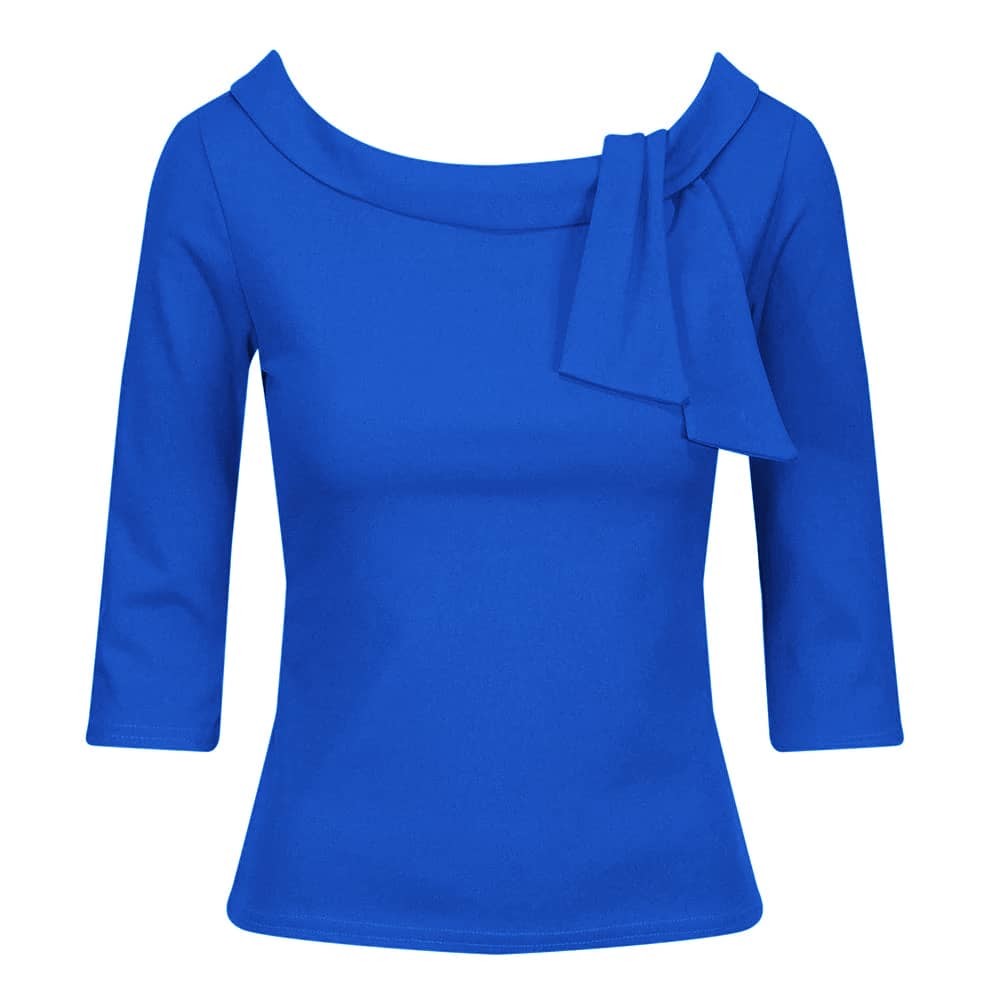 Royal Blue Vintage 3/4 Sleeve Tie Neck Top