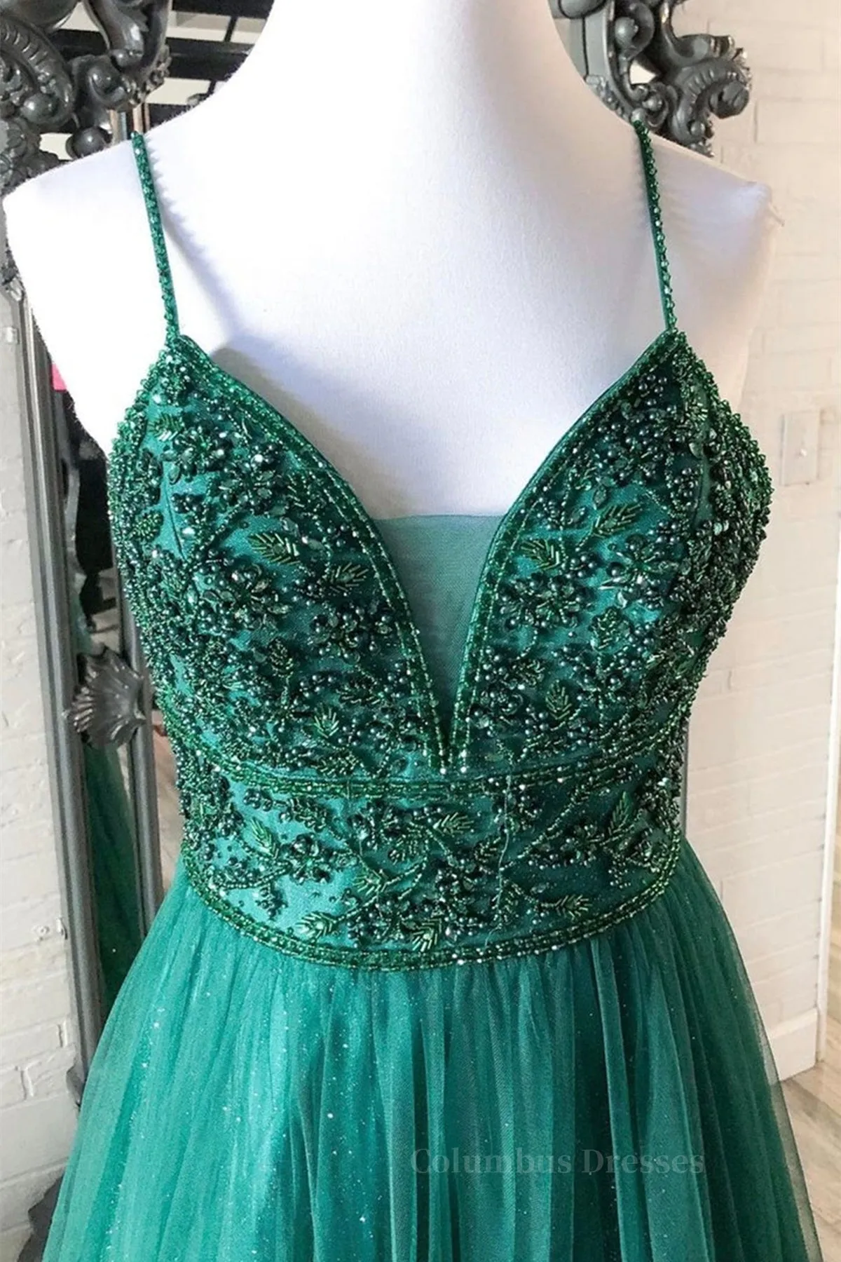 Shiny V Neck Backless Beaded Green Tulle Long Prom Dress, Green Lace Formal Dress, Beaded Evening Dress