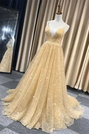 Shiny V Neck Backless Long Golden Prom Dress, Sparkly Golden Formal Dress, Golden Evening Dress