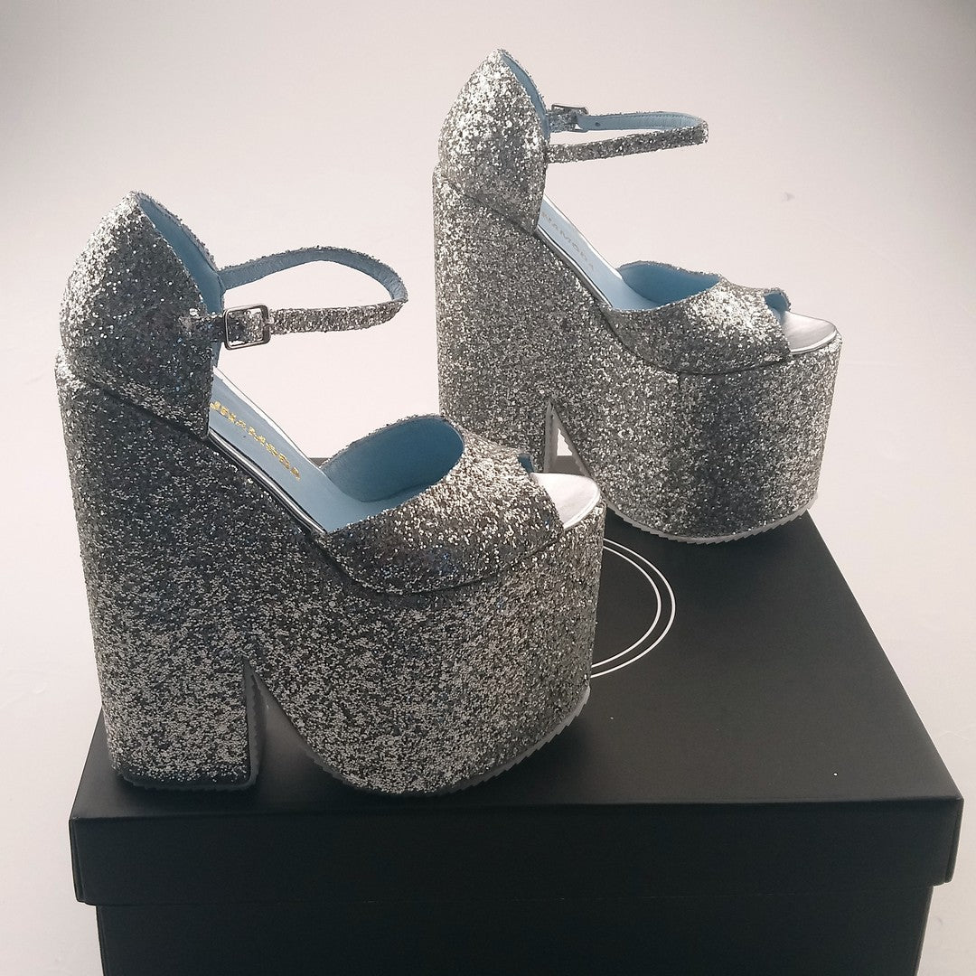 Silver Shinny Peep Toe Super High Heel Wedges