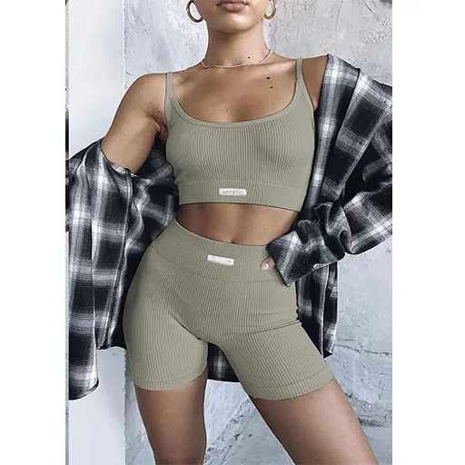 Solid Color Tight & Sleeveless Crop Top Set