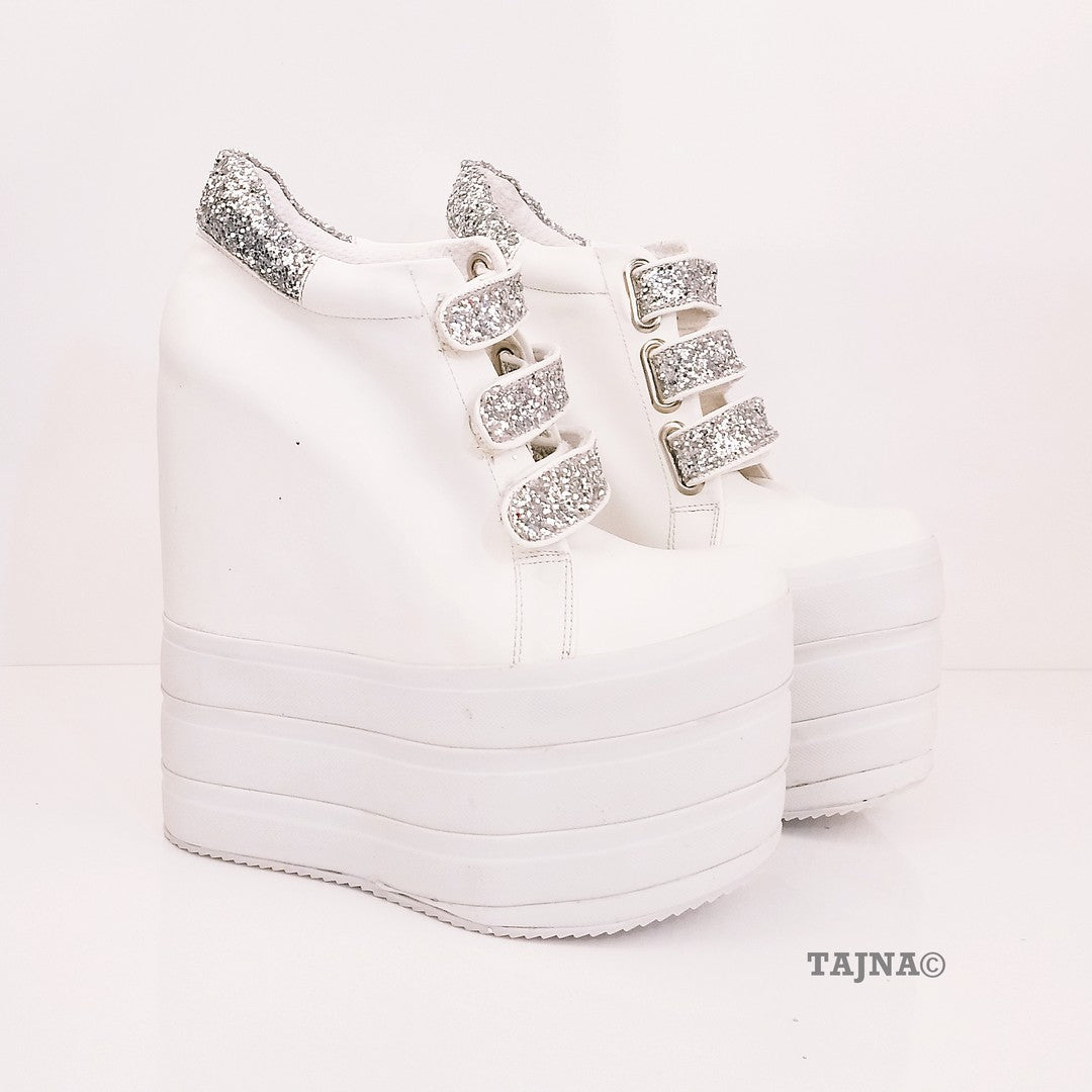 Sport Platforms Silver White Wedge Shoes