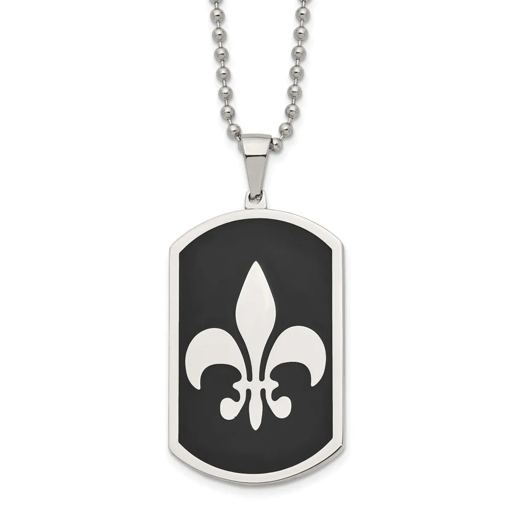 Stainless Steel & Black Plated LG Fleur de lis Dog Tag Necklace, 24 In