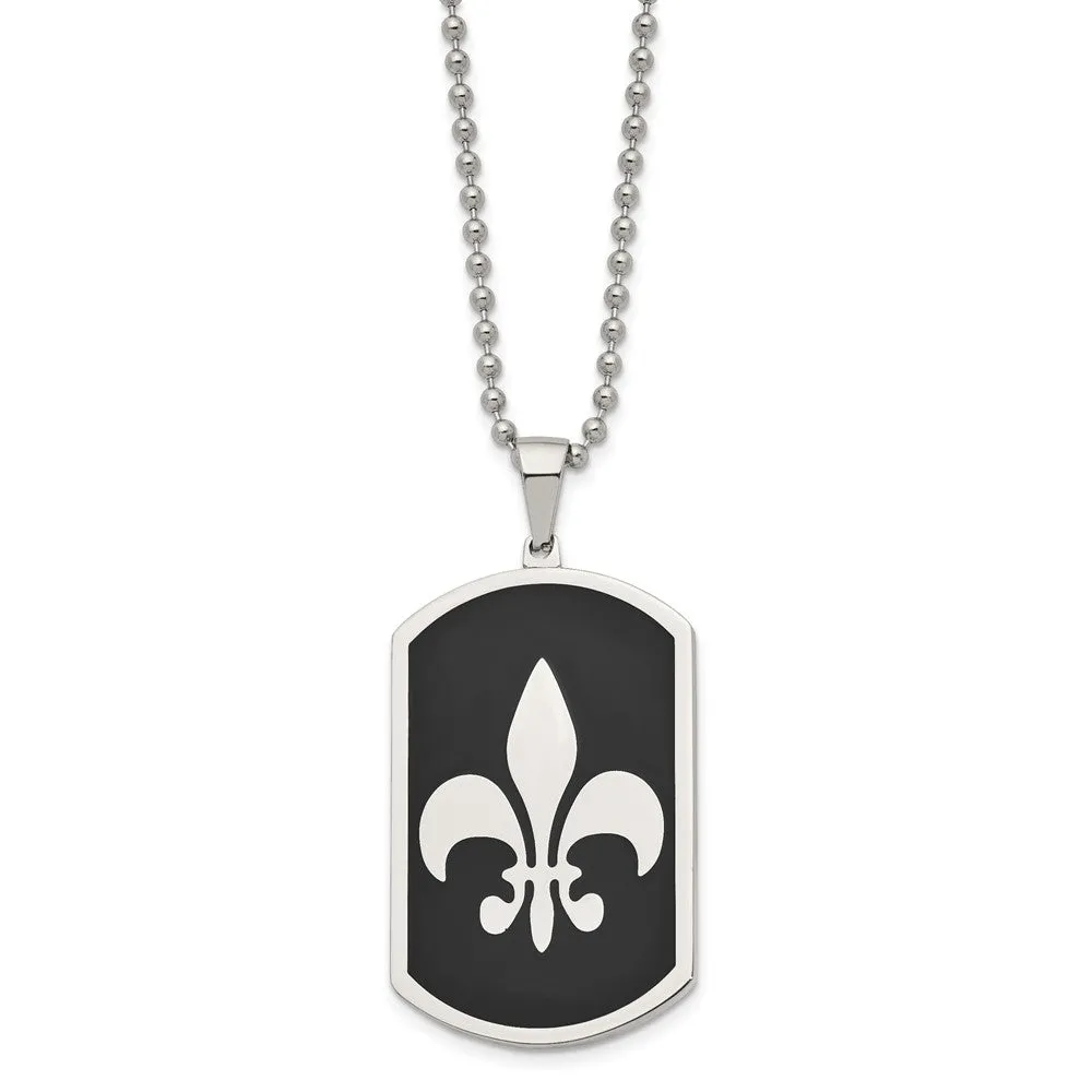 Stainless Steel & Black Plated LG Fleur de lis Dog Tag Necklace, 24 In