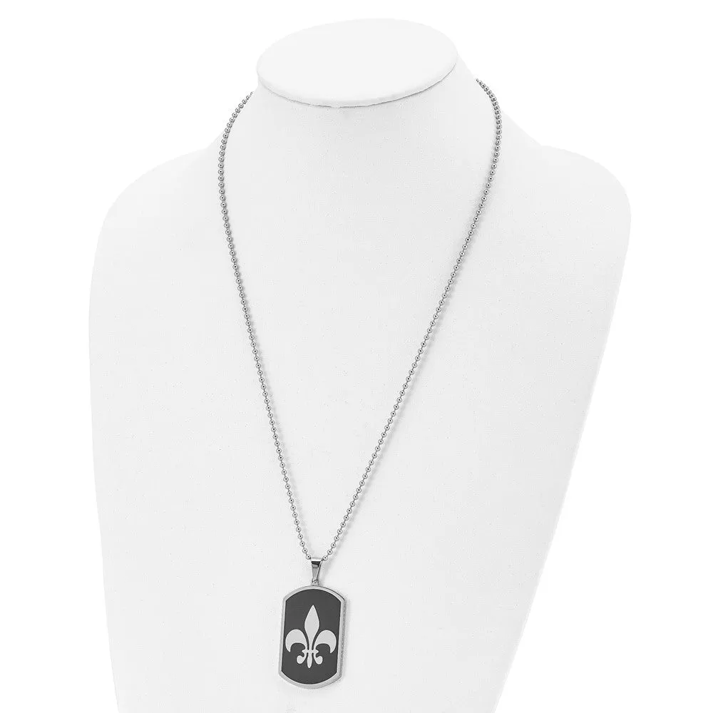 Stainless Steel & Black Plated LG Fleur de lis Dog Tag Necklace, 24 In