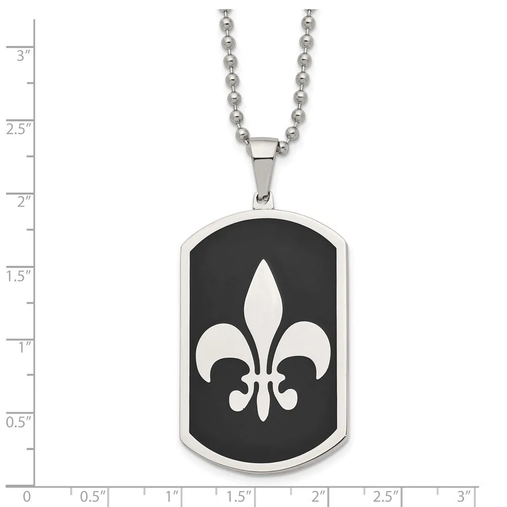 Stainless Steel & Black Plated LG Fleur de lis Dog Tag Necklace, 24 In