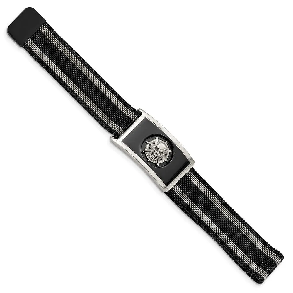 Stainless Steel & Black Plated Skull Mesh Adjustable Bracelet, 9.5 In