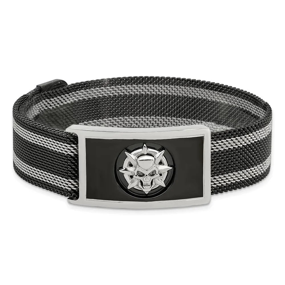 Stainless Steel & Black Plated Skull Mesh Adjustable Bracelet, 9.5 In