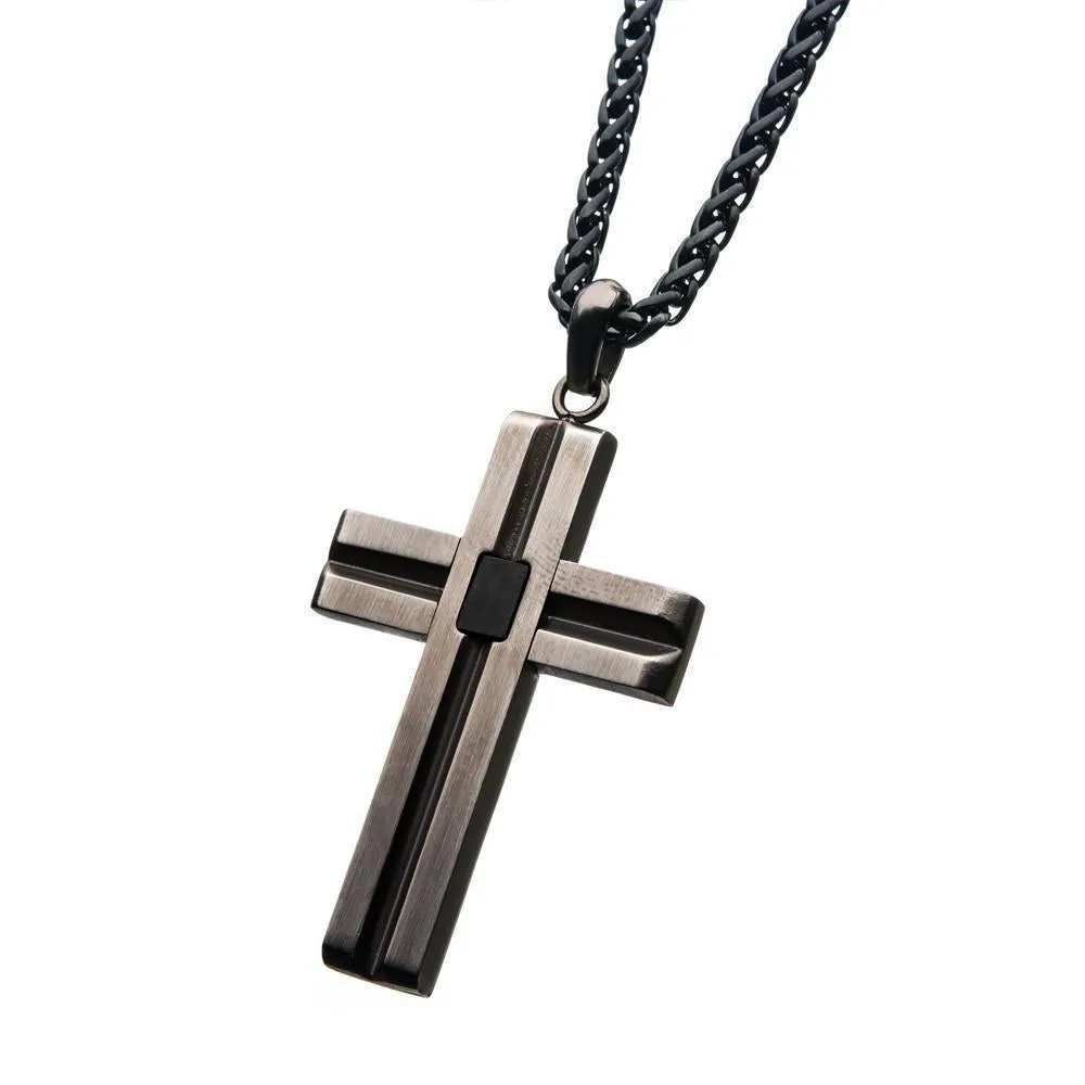 Stainless Steel Black Ion Plated Cross Pendant in Chain