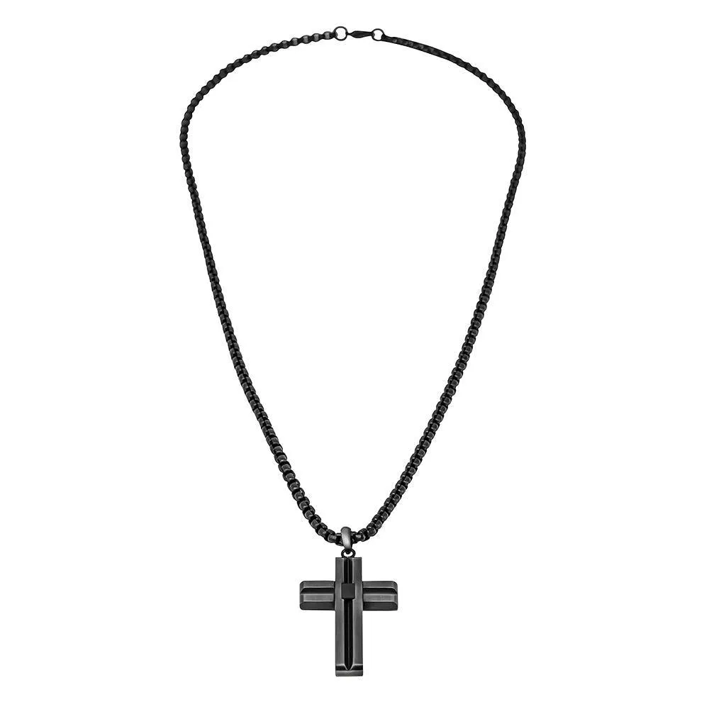 Stainless Steel Black Ion Plated Cross Pendant in Chain