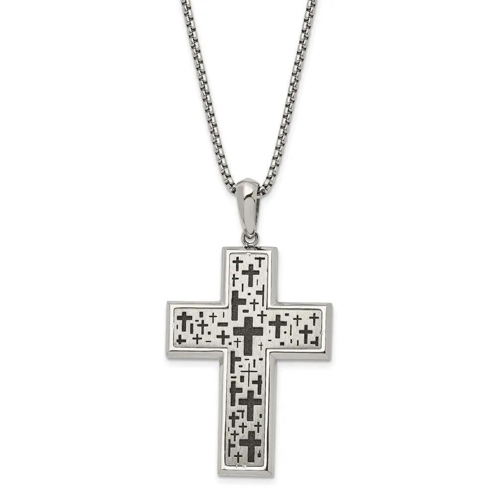 Stainless Steel Two Tone Brushed & Laser Cut Cross Necklace, 24 In