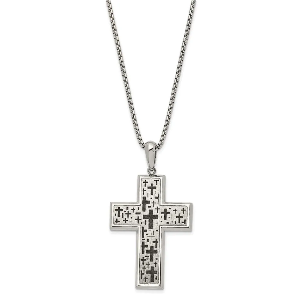 Stainless Steel Two Tone Brushed & Laser Cut Cross Necklace, 24 In