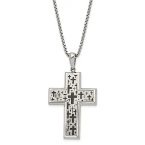 Stainless Steel Two Tone Brushed & Laser Cut Cross Necklace, 24 In