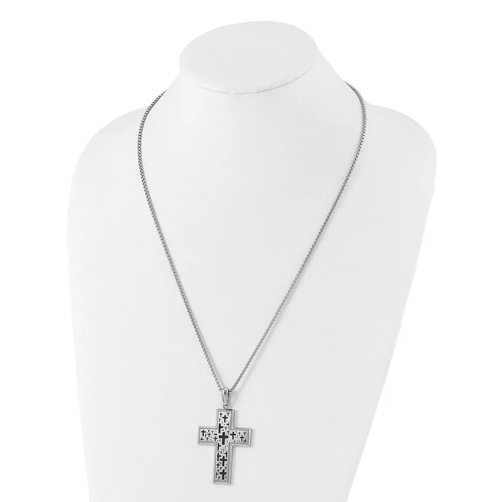 Stainless Steel Two Tone Brushed & Laser Cut Cross Necklace, 24 In